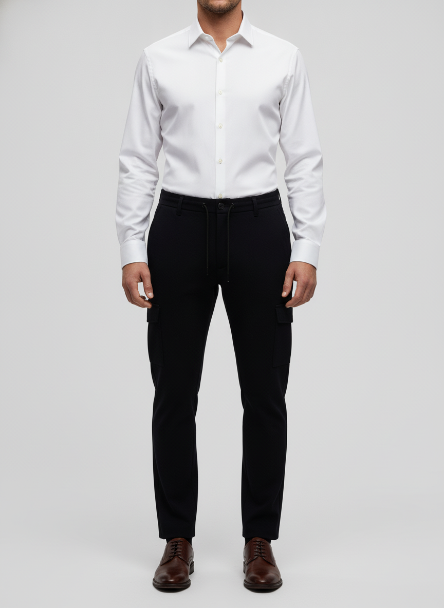 Cargo Broek Navy "Borge" - Flexx, model vooraanzicht De Heerenkamer Utrecht