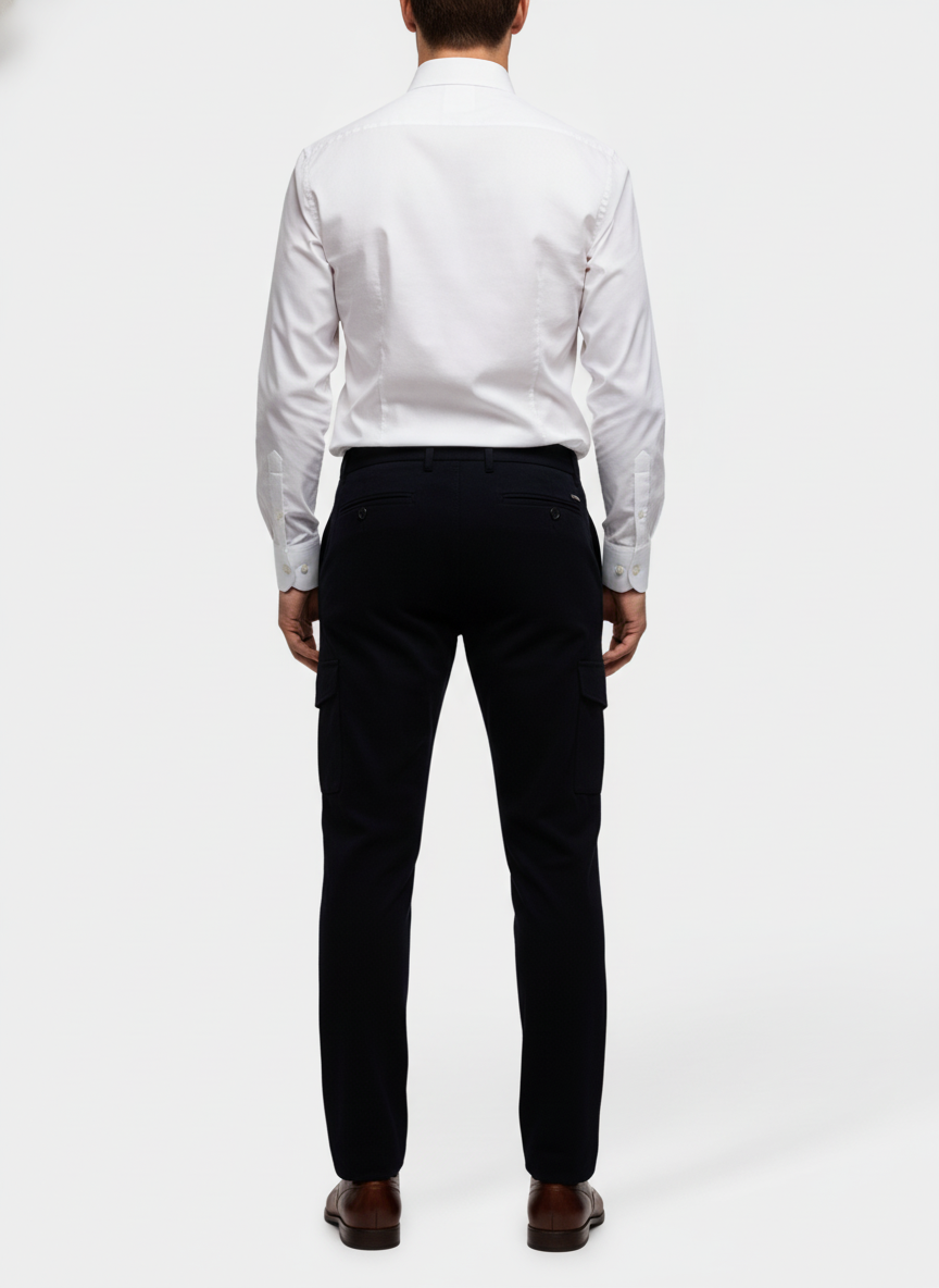 Cargo Broek Navy "Borge" - Flexx, model achteraanzicht De Heerenkamer Utrecht