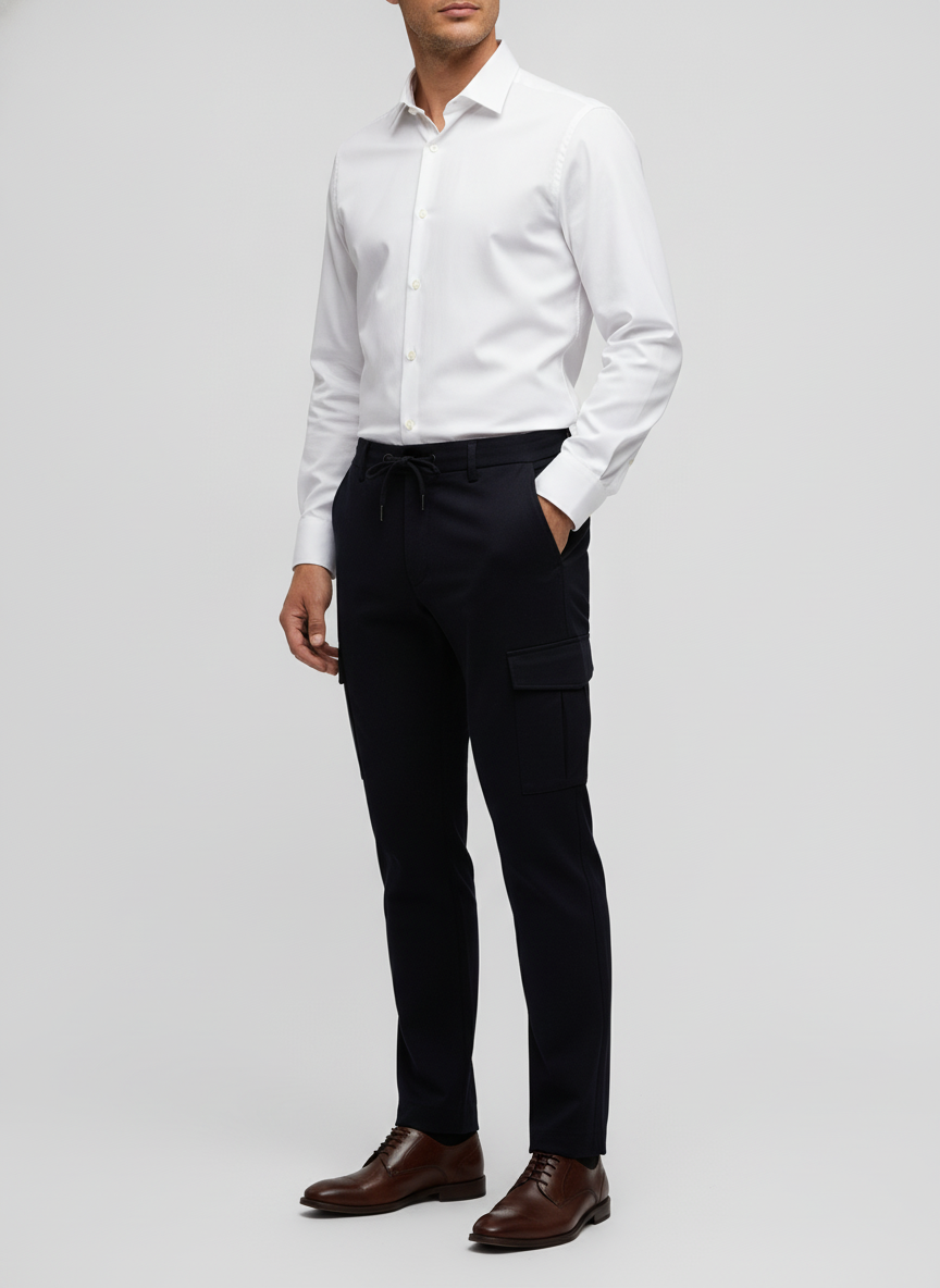 Cargo Broek Navy "Borge" - Flexx, model driekwart aanzicht De Heerenkamer Utrecht