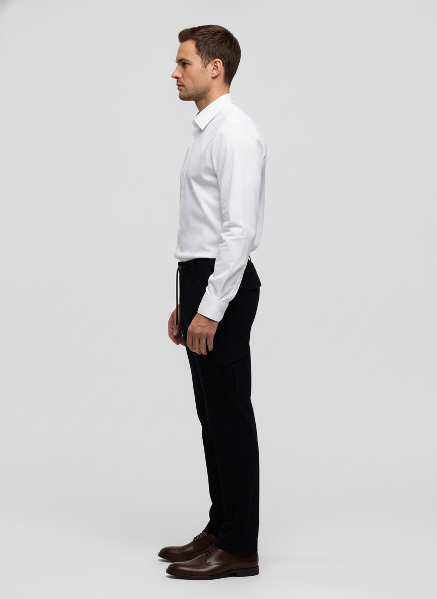 Cargo Broek Navy "Borge" - Flexx, model zijaanzicht De Heerenkamer Utrecht