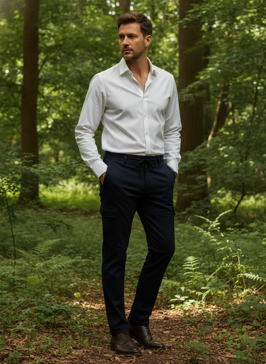 Cargo Broek Navy "Borge" - Flexx, model buiten in de natuur De Heerenkamer Utrecht