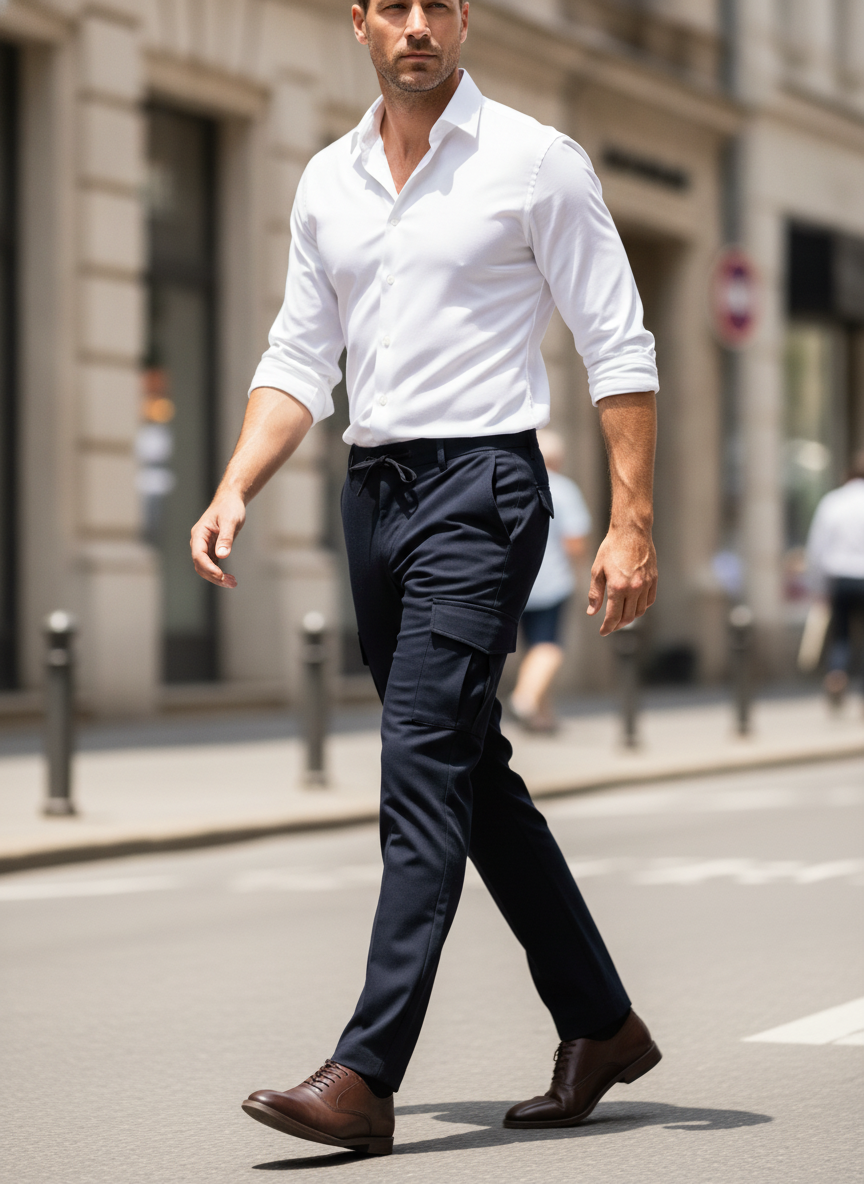 Cargo Broek Navy "Borge" - Flexx, model op straat De Heerenkamer Utrecht