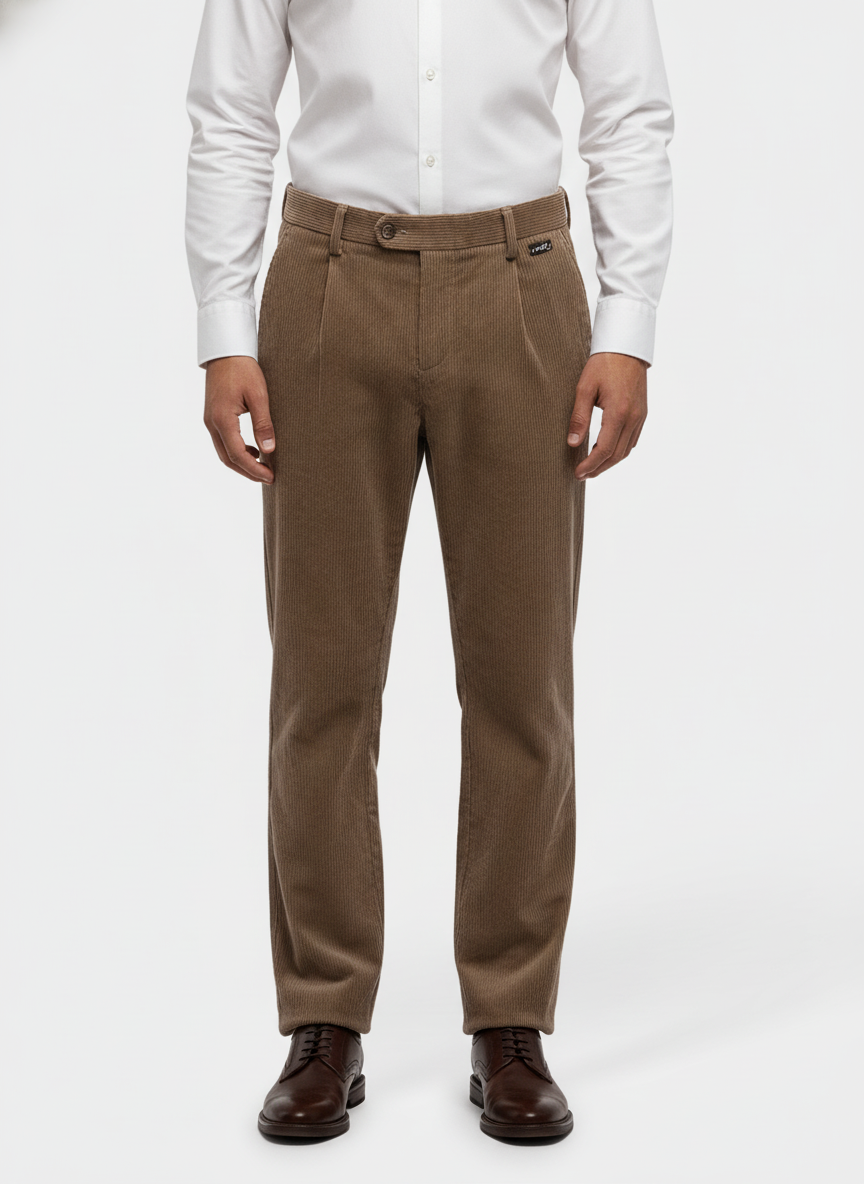 Broek Corduroy Sahara Sand Chino - Flexx, model vooraanzicht De Heerenkamer Utrecht