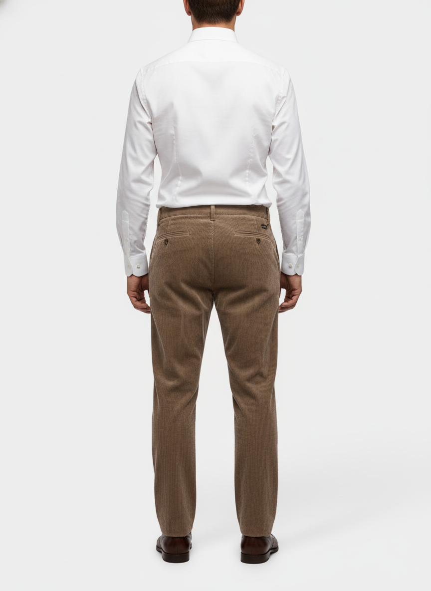 Broek Corduroy Sahara Sand Chino - Flexx, model achteraanzicht De Heerenkamer Utrecht