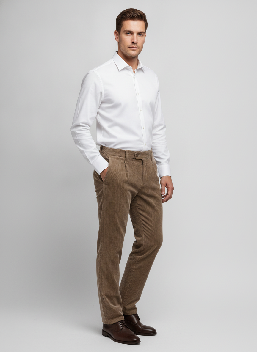 Broek Corduroy Sahara Sand Chino - Flexx, model driekwart aanzicht De Heerenkamer Utrecht