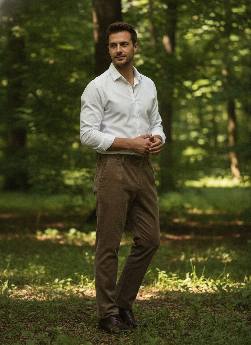 Broek Corduroy Sahara Sand Chino - Flexx, model buiten in de natuur De Heerenkamer Utrecht