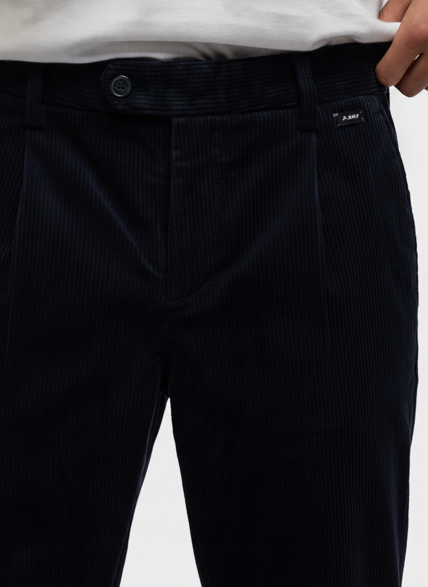Broek Corduroy Dark Navy Chino - Flexx, detail sluiting De Heerenkamer