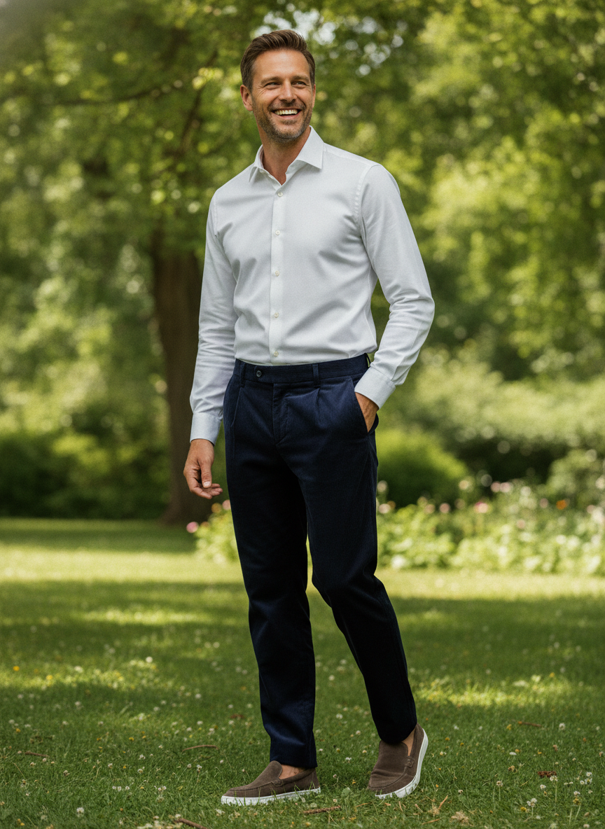 Broek Corduroy Dark Navy Chino - Flexx, model buiten in de natuur De Heerenkamer Utrecht