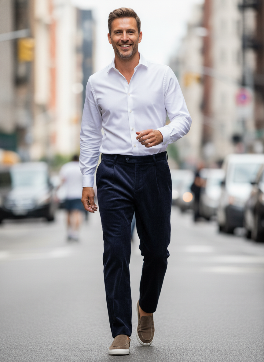 Broek Corduroy Dark Navy Chino - Flexx, model op straat De Heerenkamer Utrecht