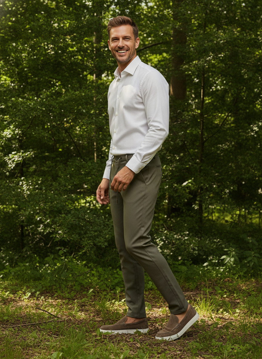 Chino Broek Stretch Light Khaki "Carson" - Flexx, model buiten in de natuur De Heerenkamer Utrecht