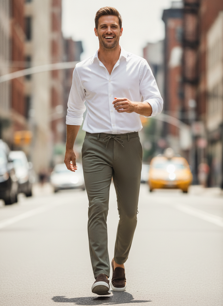 Chino Broek Stretch Light Khaki "Carson" - Flexx, model op straat De Heerenkamer Utrecht