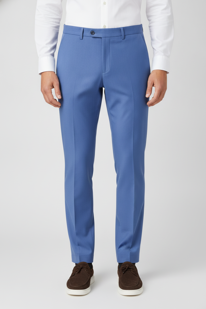Pantalon Broek Mid Blue Sharkskin - Mister Steven, model vooraanzicht De Heerenkamer Utrecht