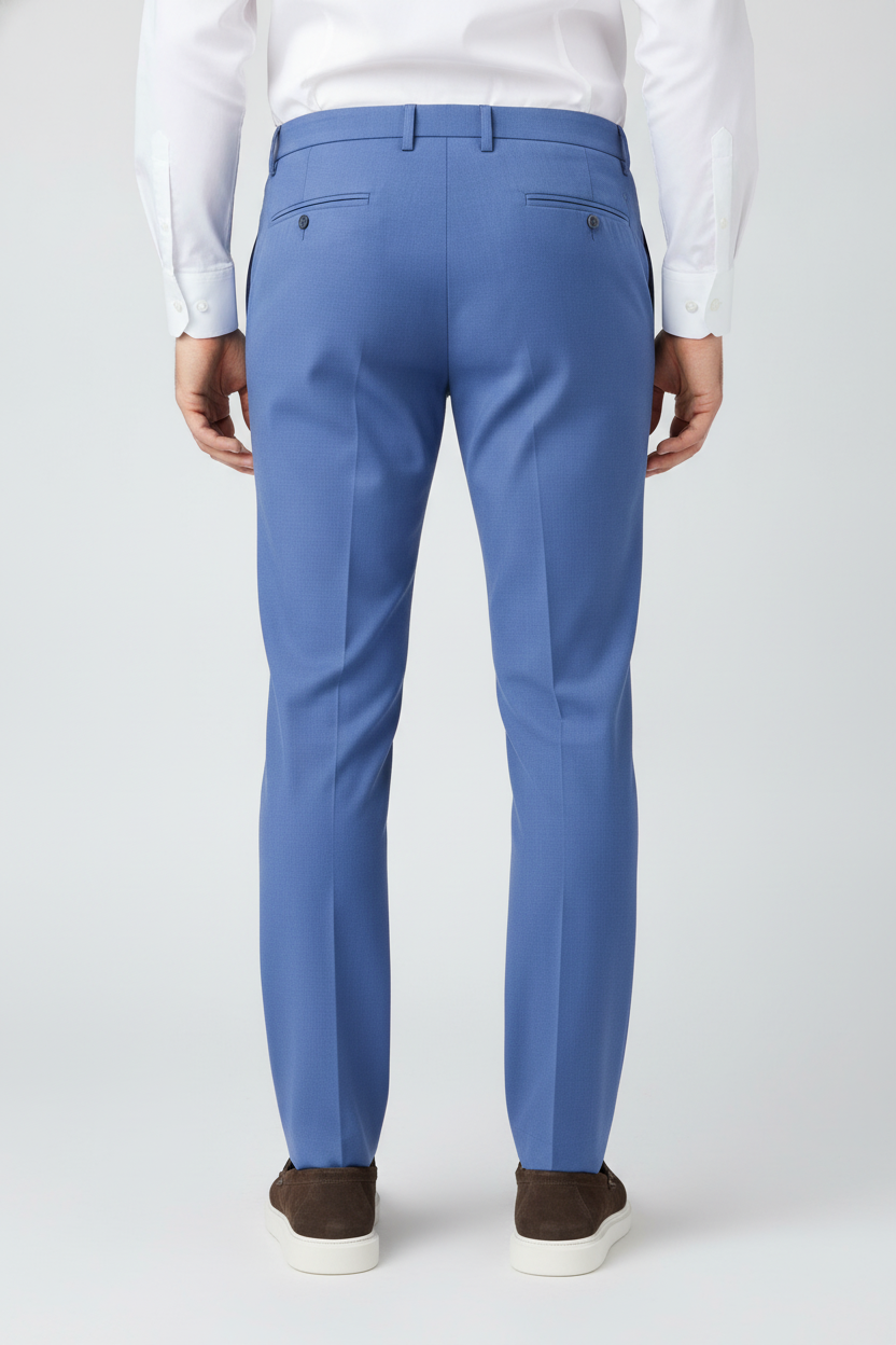 Pantalon Broek Mid Blue Sharkskin - Mister Steven, model achteraanzicht De Heerenkamer Utrecht