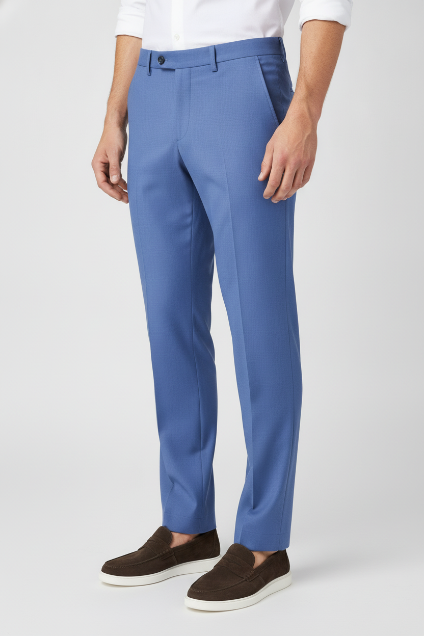 Pantalon Broek Mid Blue Sharkskin - Mister Steven, model driekwart aanzicht De Heerenkamer Utrecht