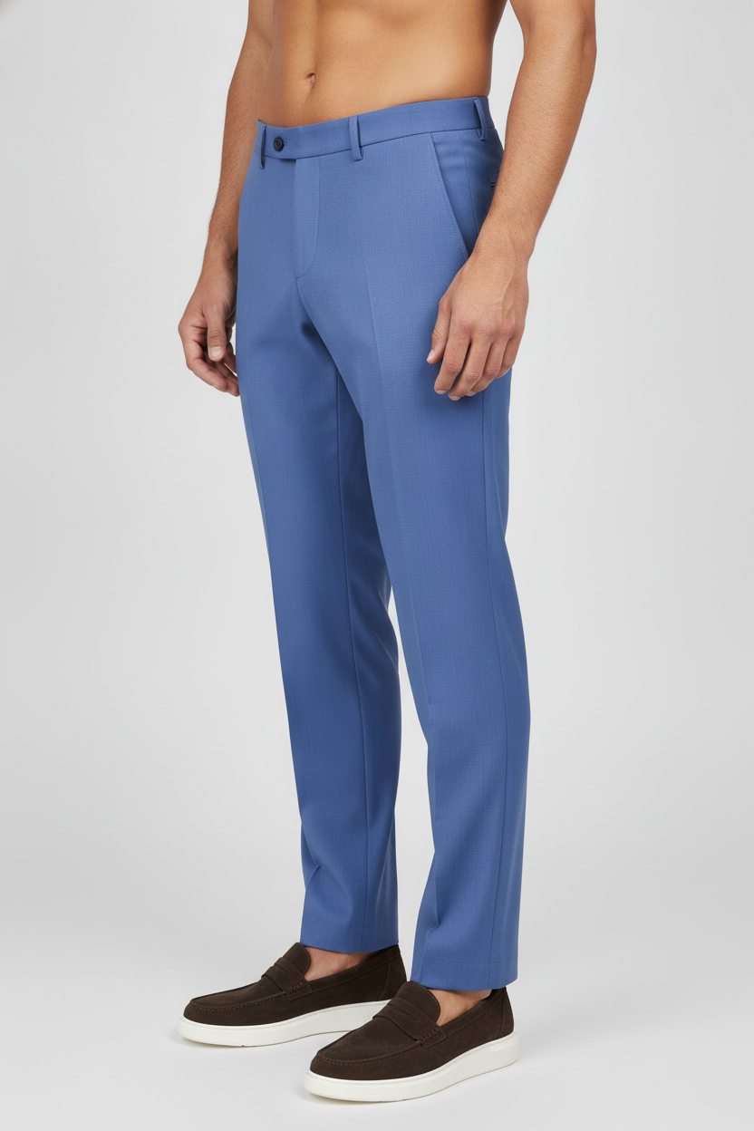 Pantalon Broek Mid Blue Sharkskin - Mister Steven, model zijaanzicht De Heerenkamer Utrecht