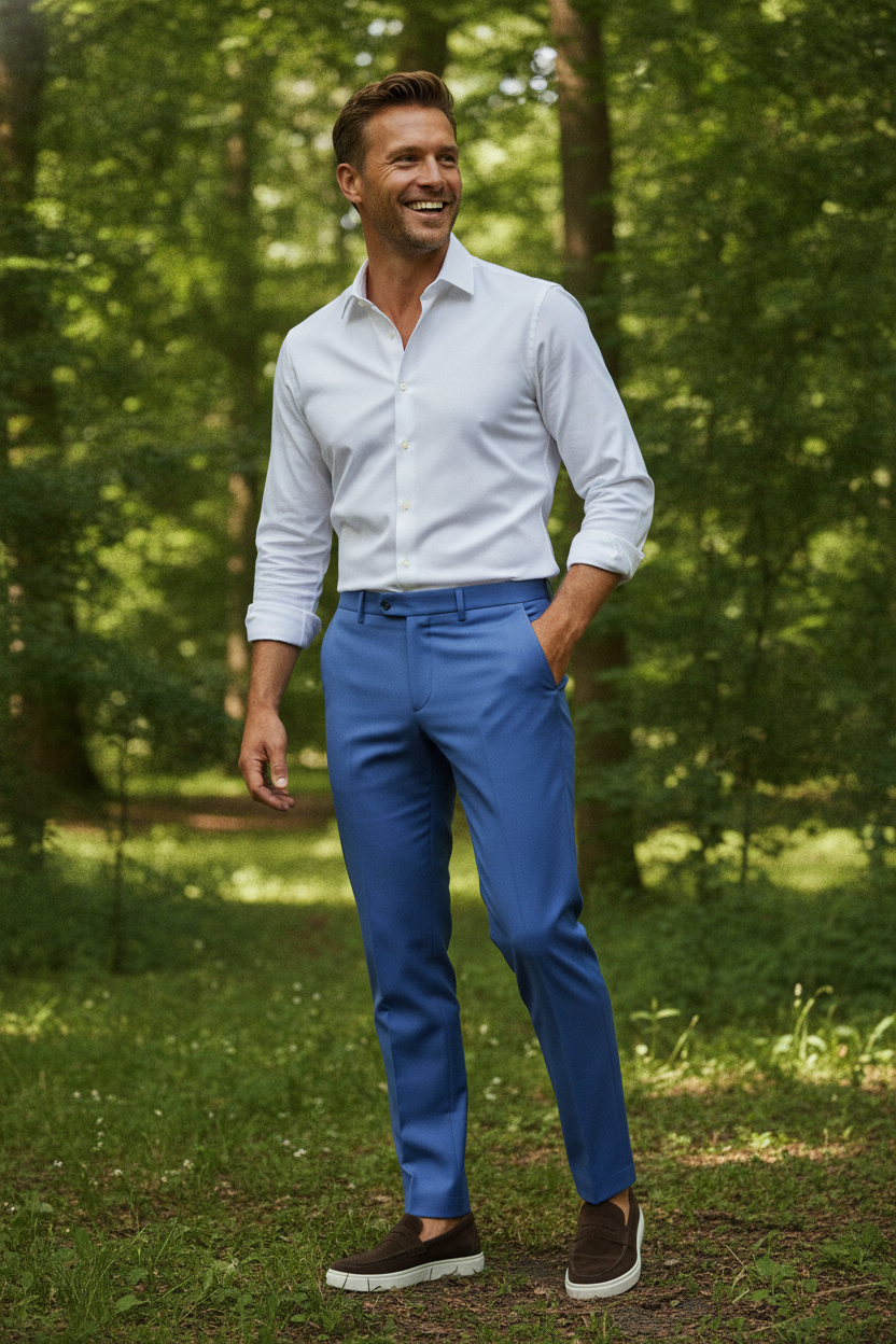 Pantalon Broek Mid Blue Sharkskin - Mister Steven, model buiten in de natuur De Heerenkamer Utrecht