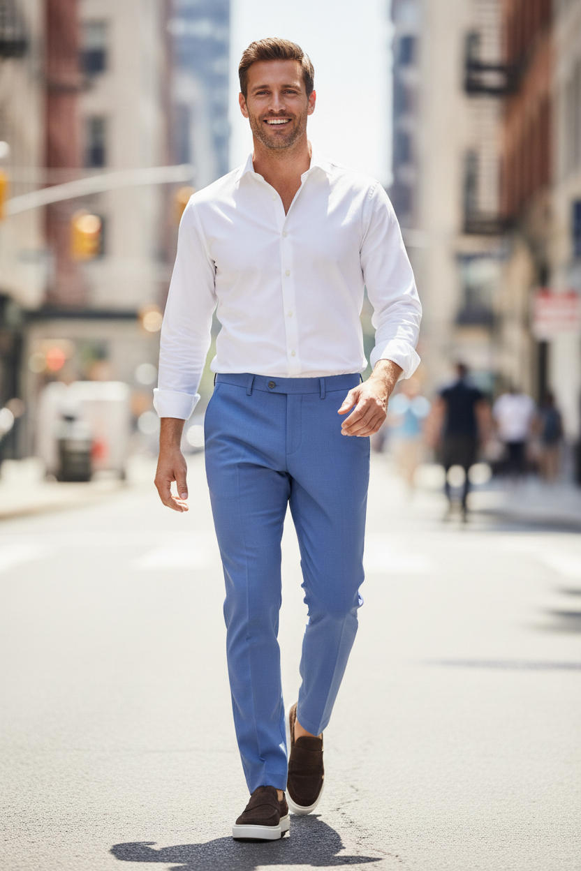 Pantalon Broek Mid Blue Sharkskin - Mister Steven, model op straat De Heerenkamer Utrecht