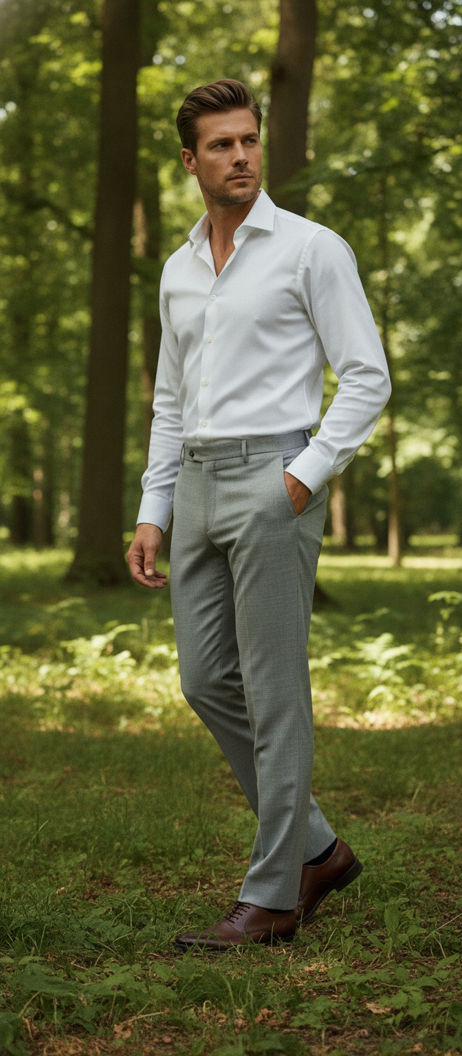 Pantalon Broek Light Grey Sharkskin - Mister Steven, model buiten in de natuur De Heerenkamer Utrecht