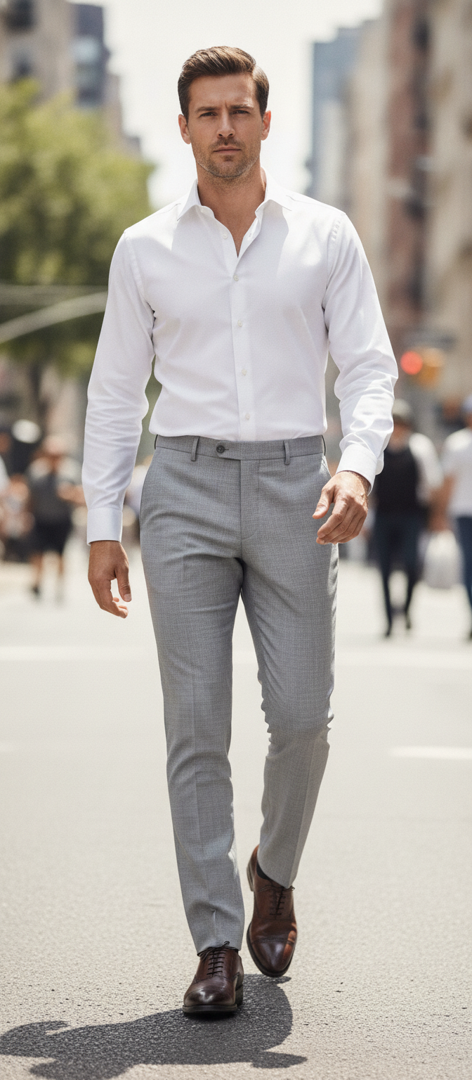 Pantalon Broek Light Grey Sharkskin - Mister Steven, model op straat De Heerenkamer Utrecht