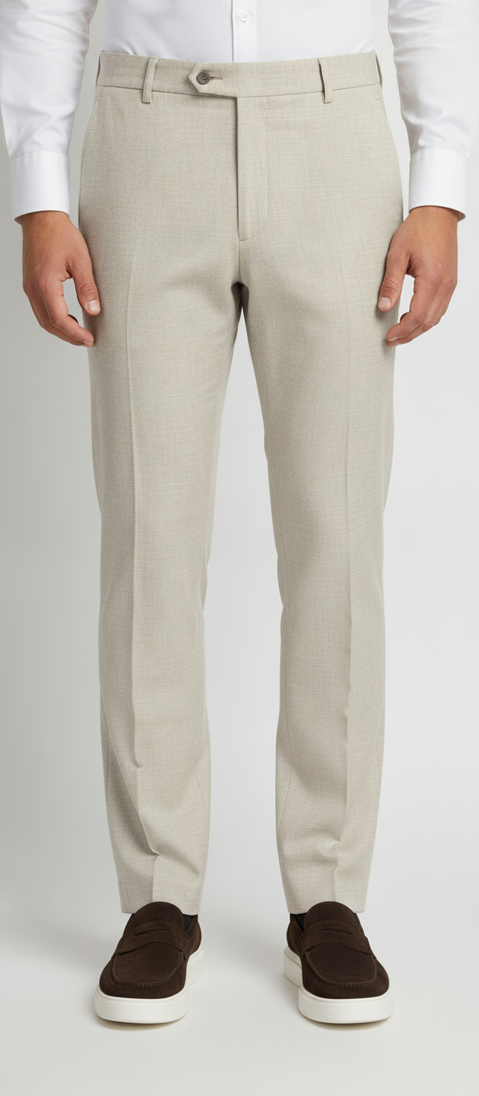 Pantalon Broek Beige Sharkskin - Mister Steven, model vooraanzicht De Heerenkamer Utrecht