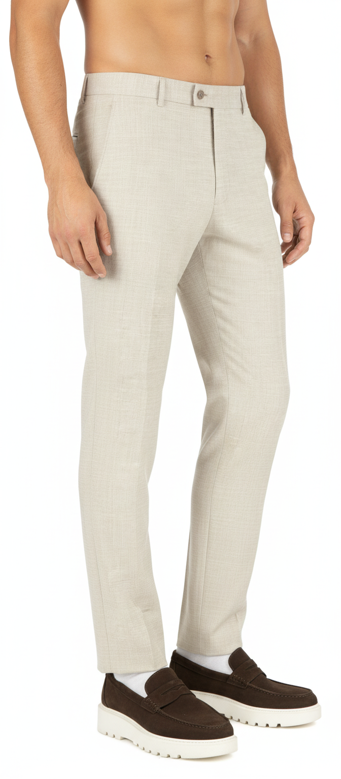 Pantalon Broek Beige Sharkskin - Mister Steven, model driekwart aanzicht De Heerenkamer Utrecht