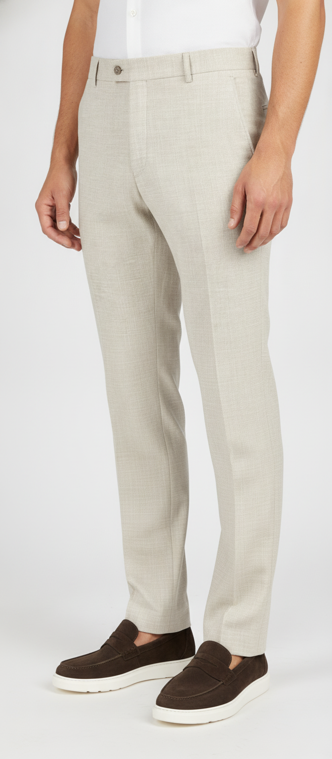 Pantalon Broek Beige Sharkskin - Mister Steven, model driekwart aanzicht De Heerenkamer Utrecht