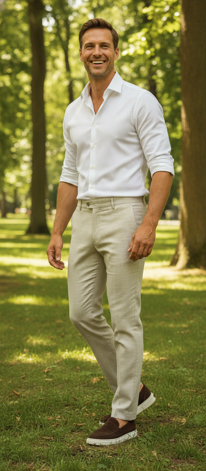 Pantalon Broek Beige Sharkskin - Mister Steven, model buiten in de natuur De Heerenkamer Utrecht