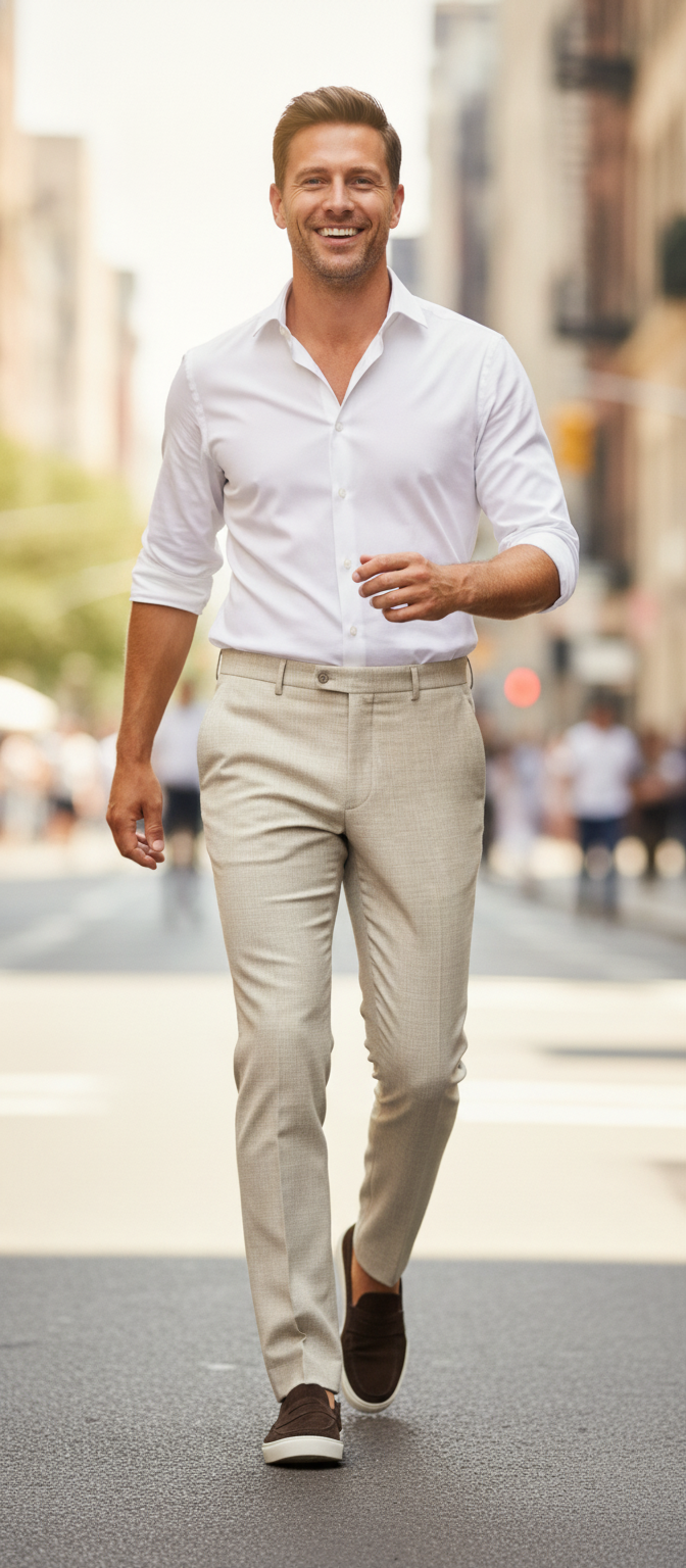 Pantalon Broek Beige Sharkskin - Mister Steven, model op straat De Heerenkamer Utrecht