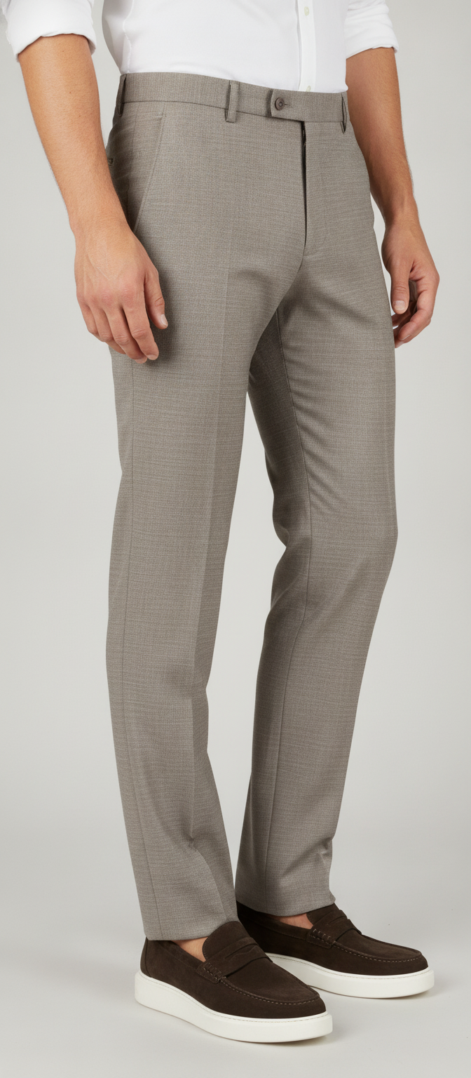 Pantalon Broek Taupe Sharkskin - Mister Steven, model driekwart aanzicht De Heerenkamer Utrecht