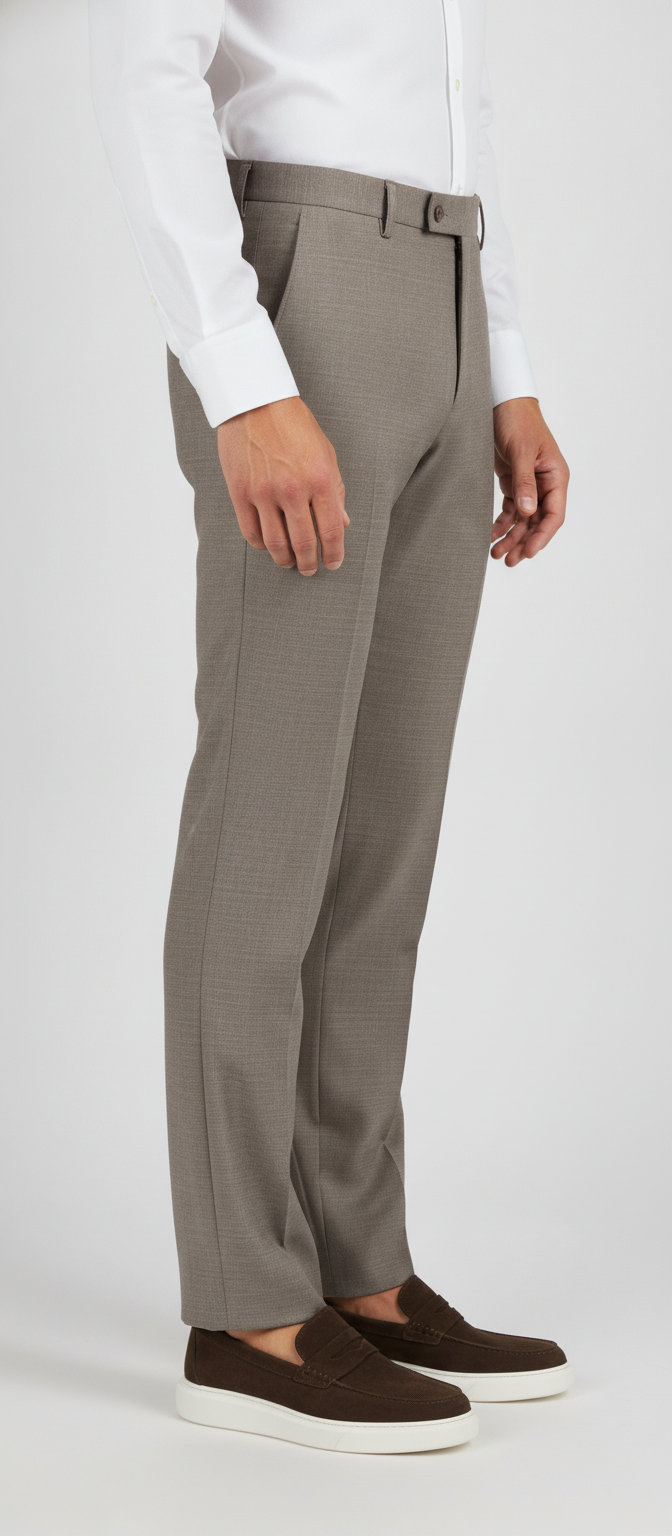Pantalon Broek Taupe Sharkskin - Mister Steven, model zijaanzicht De Heerenkamer Utrecht
