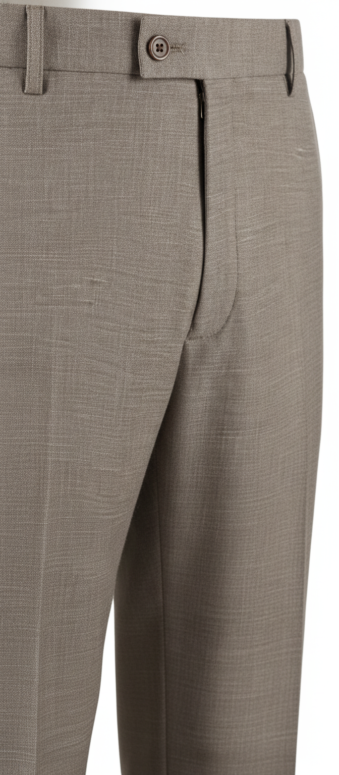 Pantalon Broek Taupe Sharkskin - Mister Steven, detail sluiting De Heerenkamer