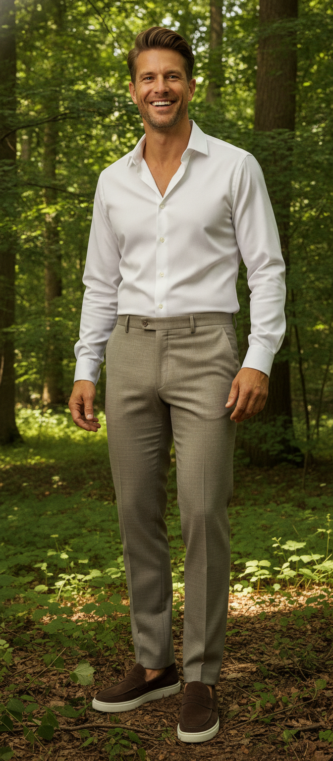 Pantalon Broek Taupe Sharkskin - Mister Steven, model buiten in de natuur De Heerenkamer Utrecht