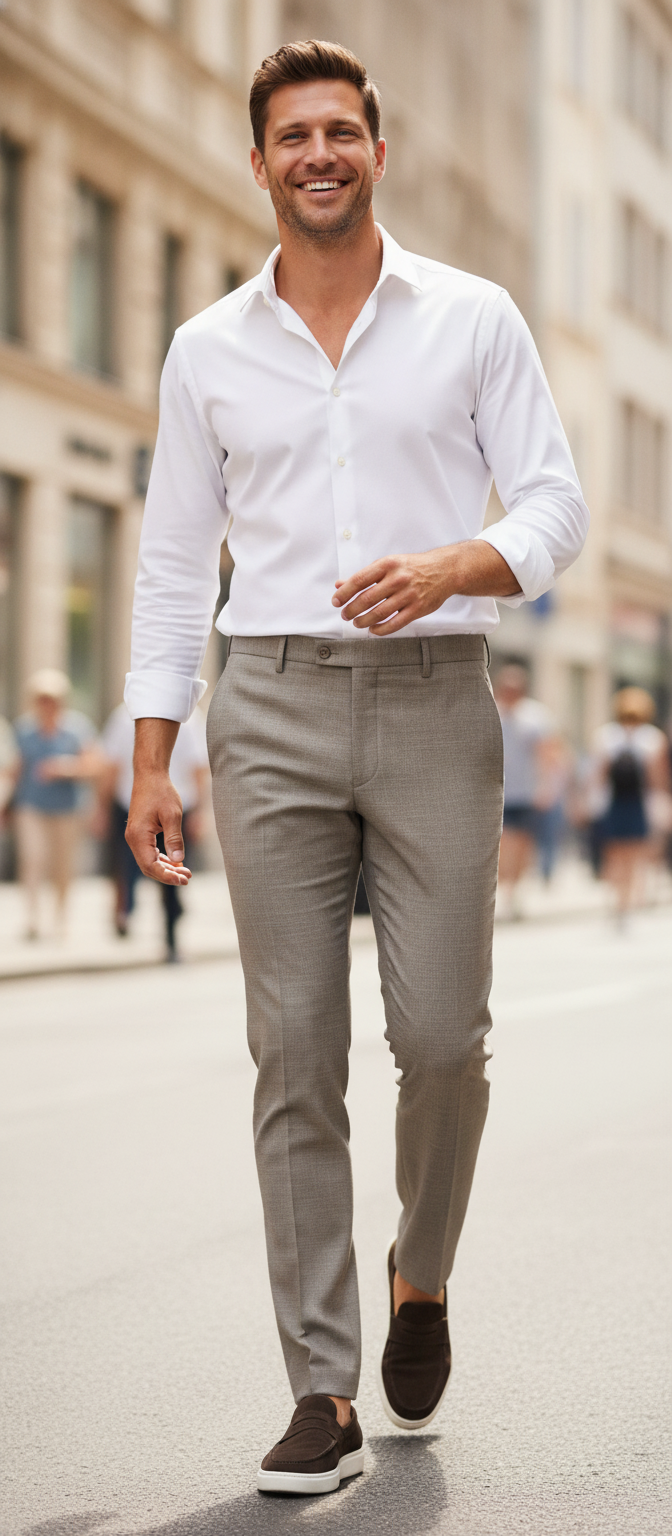 Pantalon Broek Taupe Sharkskin - Mister Steven, model op straat De Heerenkamer Utrecht