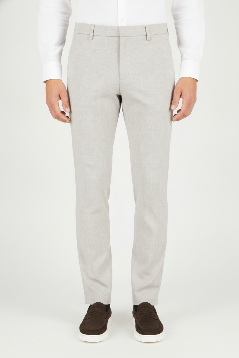 Pantalon Broek Geruit Sand "Uras" "Carson" - Mister Steven, model vooraanzicht De Heerenkamer Utrecht