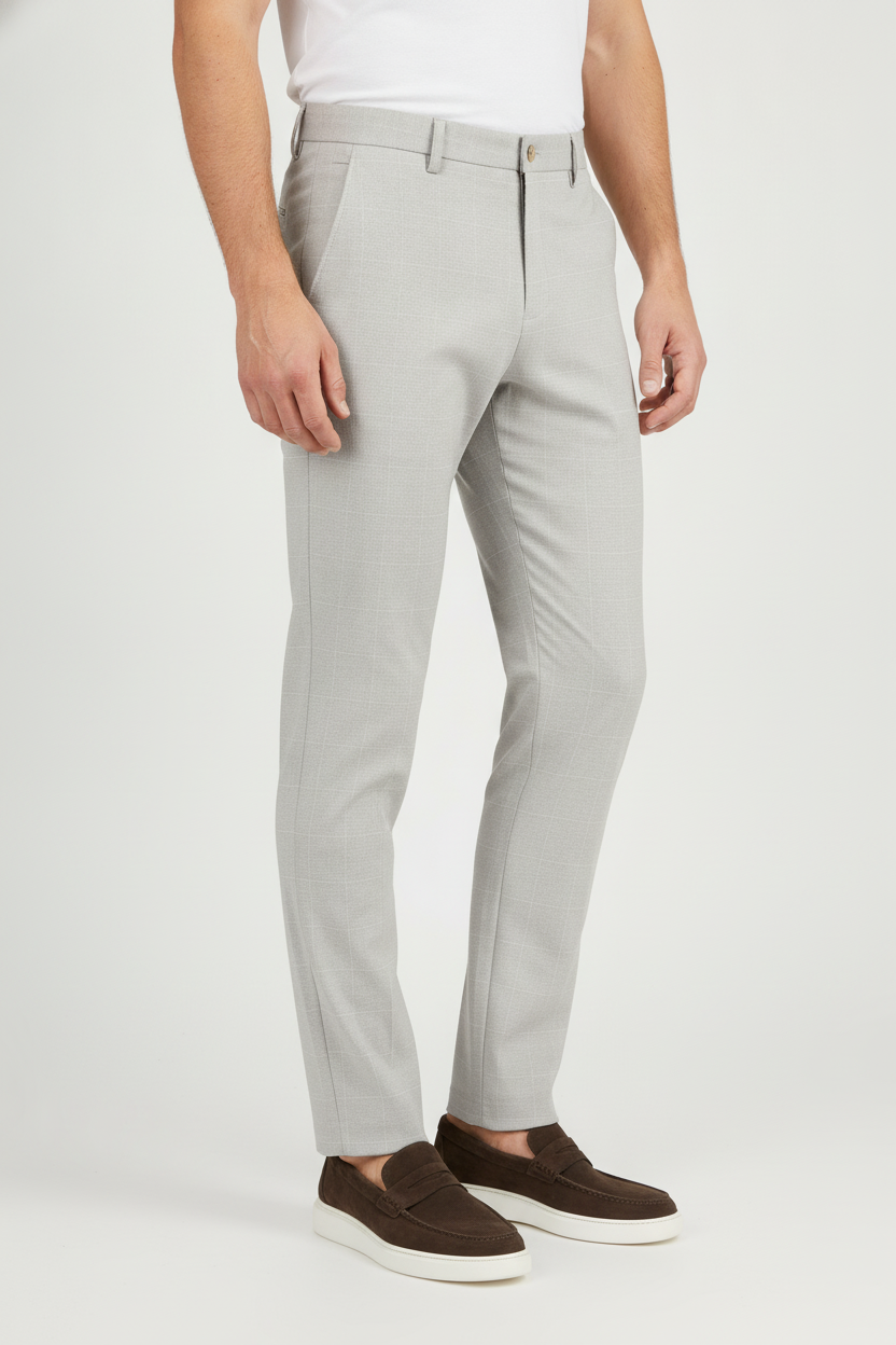 Pantalon Broek Geruit Sand "Uras" "Carson" - Mister Steven, model driekwart aanzicht De Heerenkamer Utrecht