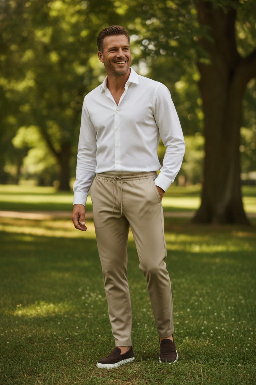 Chino Broek Sand "Oliver" - Flexx, model buiten in de natuur De Heerenkamer Utrecht