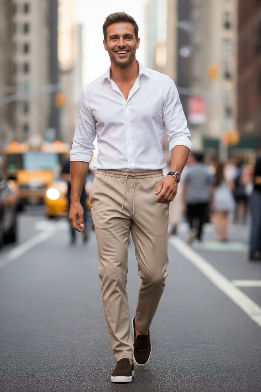 Chino Broek Sand "Oliver" - Flexx, model op straat De Heerenkamer Utrecht