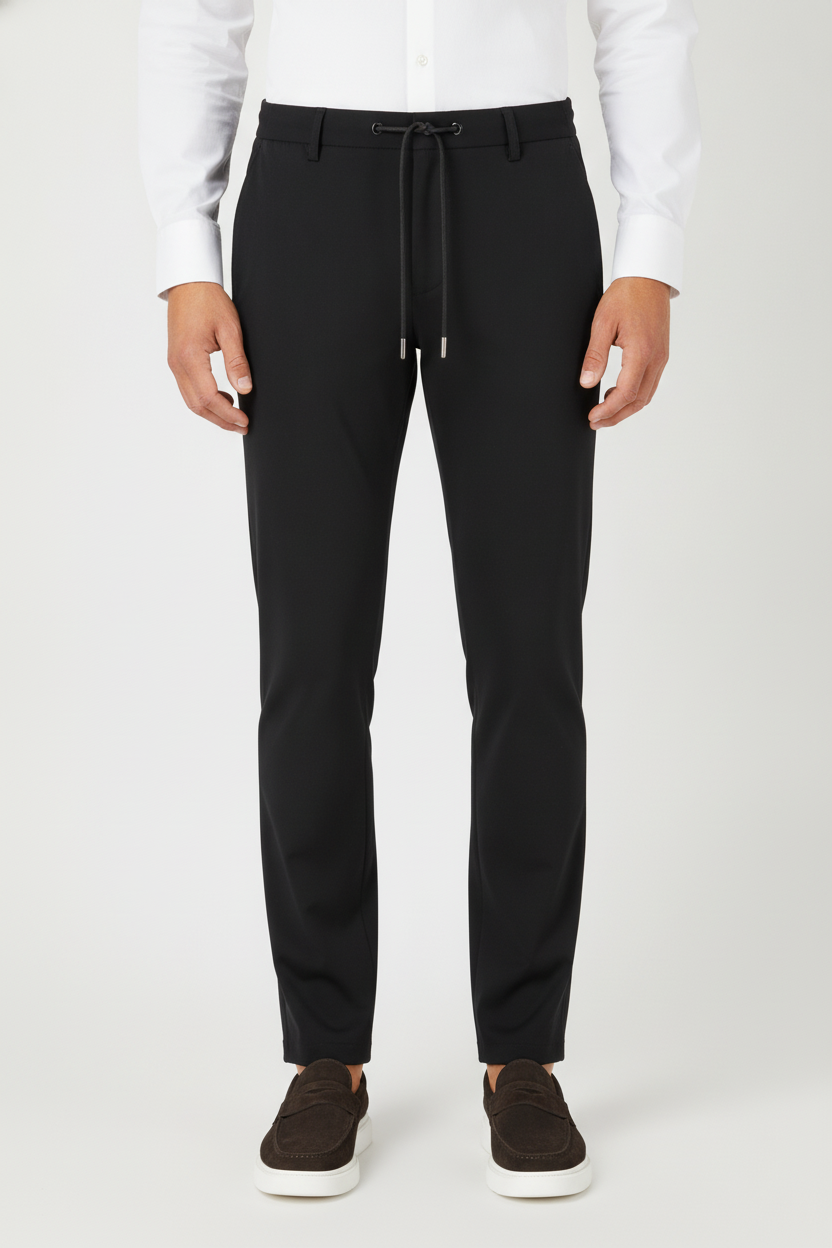 Chino Zomerbroek Black "Carson" - Flexx, model vooraanzicht De Heerenkamer Utrecht
