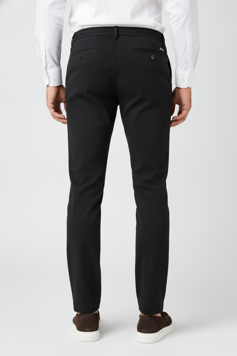 Chino Zomerbroek Black "Carson" - Flexx, model achteraanzicht De Heerenkamer Utrecht