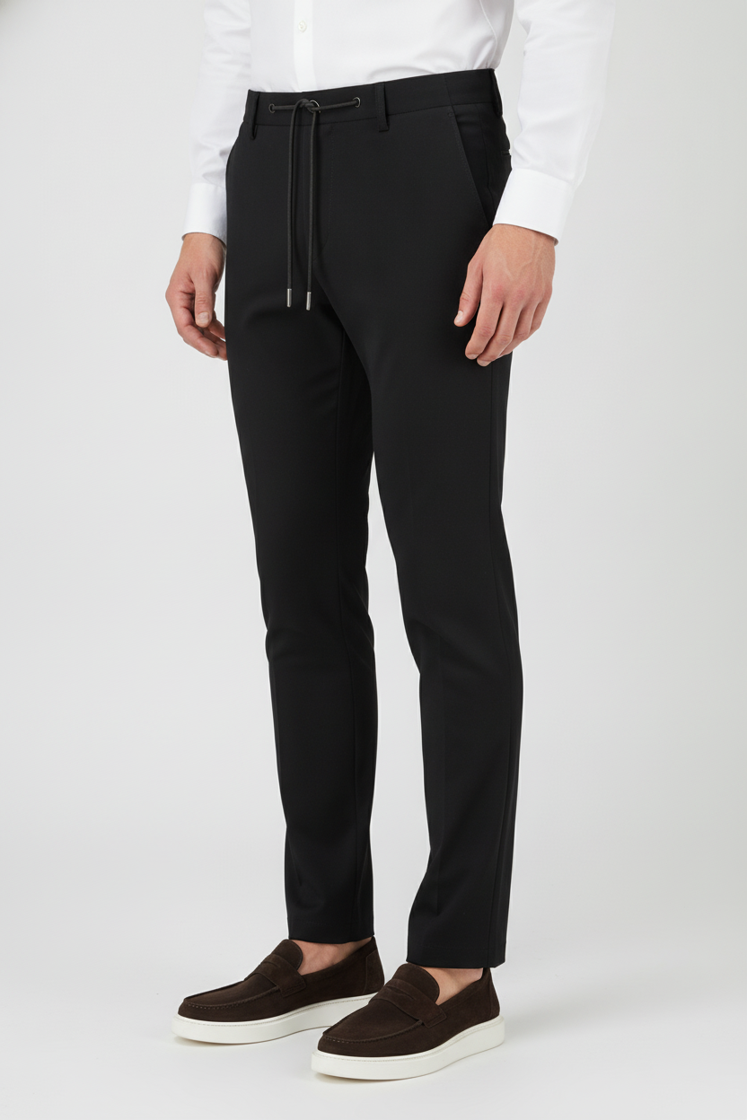Chino Zomerbroek Black "Carson" - Flexx, model driekwart aanzicht De Heerenkamer Utrecht
