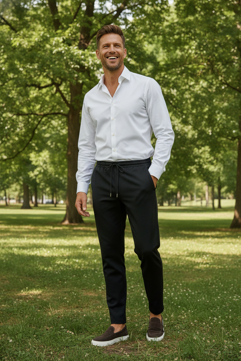 Chino Broek Black "Oliver" - Flexx, model buiten in de natuur De Heerenkamer Utrecht