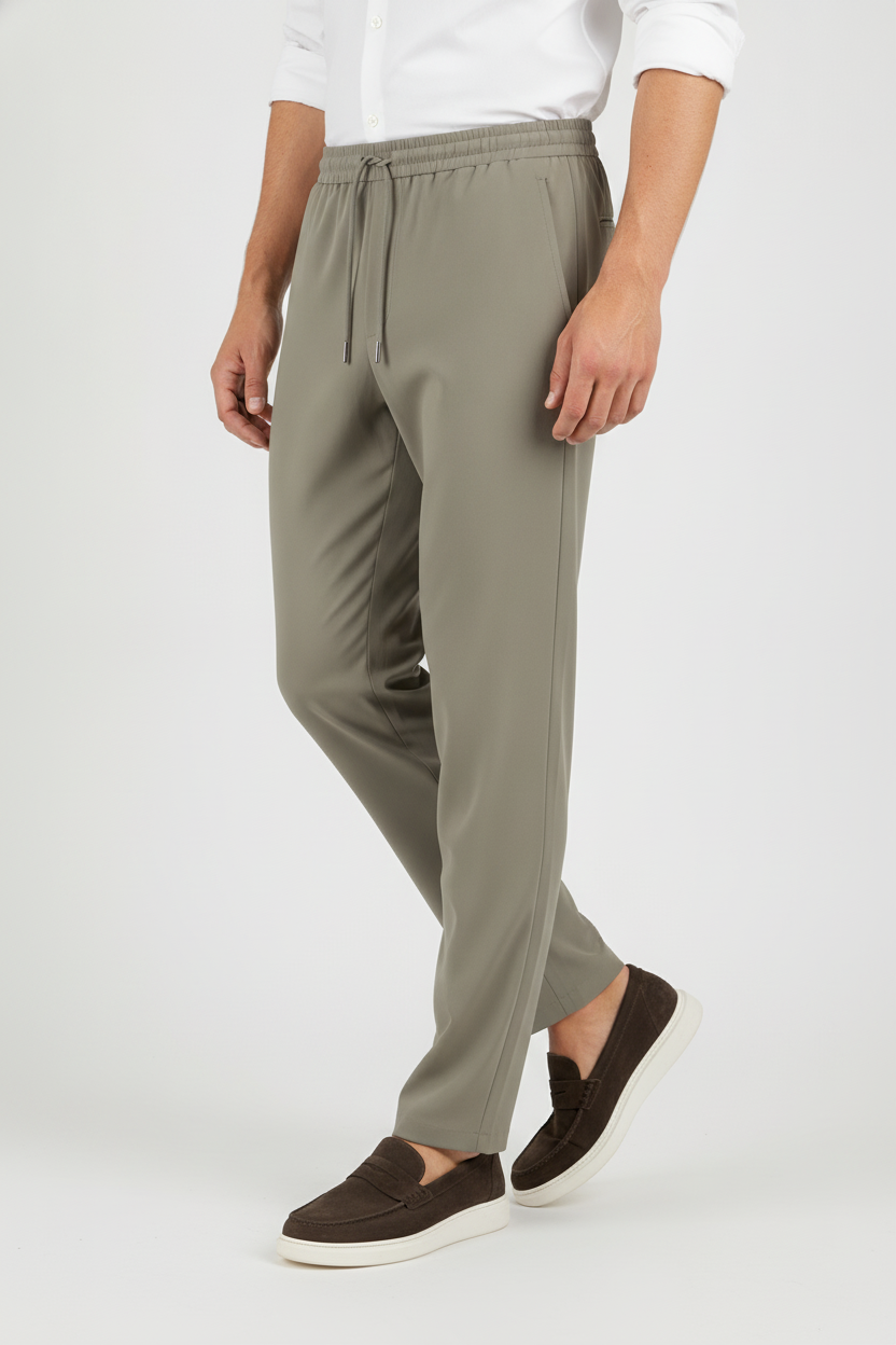 Chino Broek Light Olive "Oliver" - Flexx, model driekwart aanzicht De Heerenkamer Utrecht