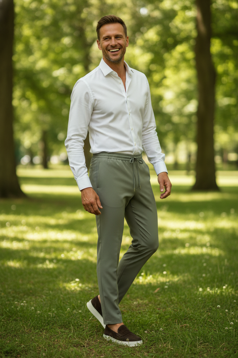 Chino Broek Light Olive "Oliver" - Flexx, model buiten in de natuur De Heerenkamer Utrecht