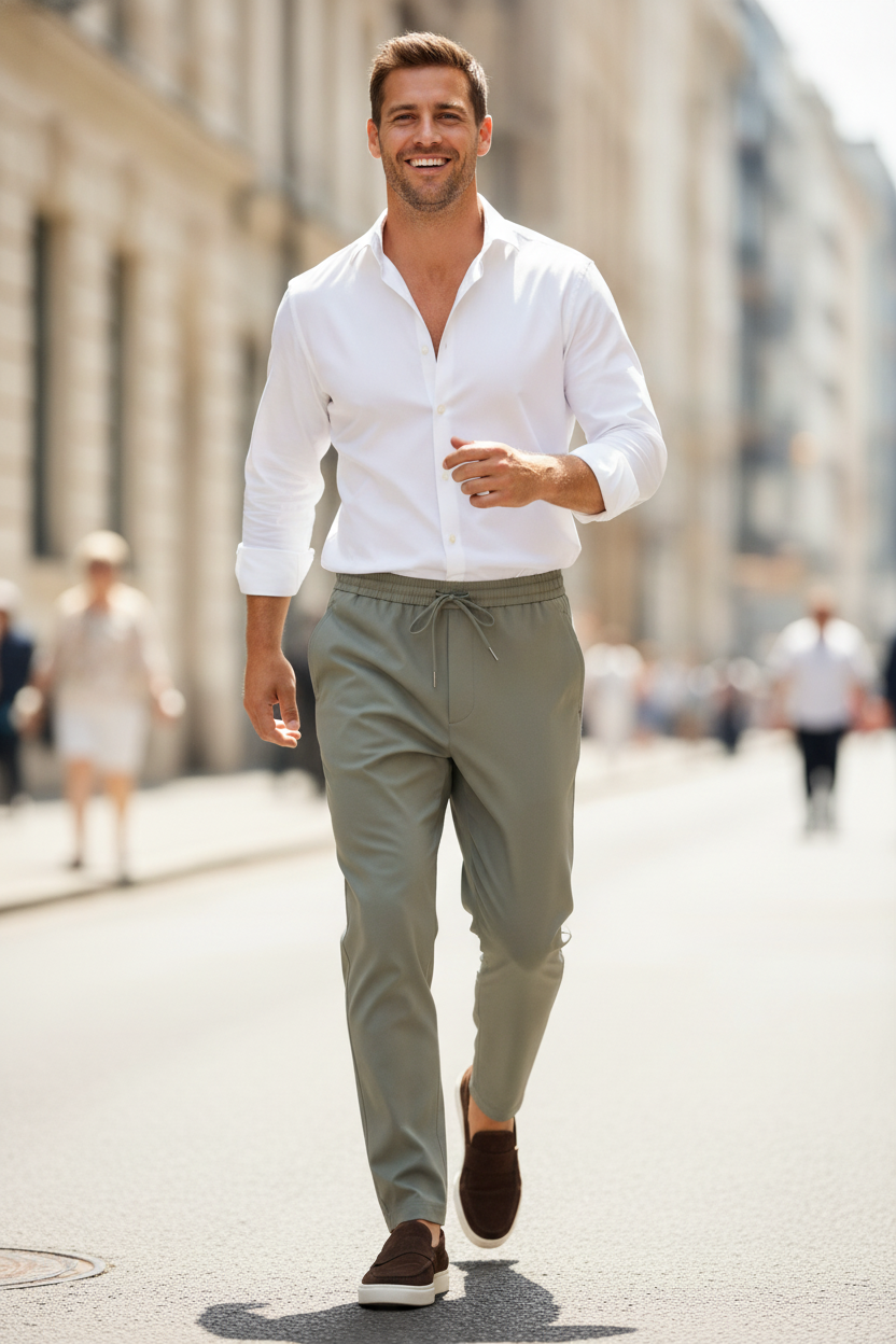 Chino Broek Light Olive "Oliver" - Flexx, model op straat De Heerenkamer Utrecht
