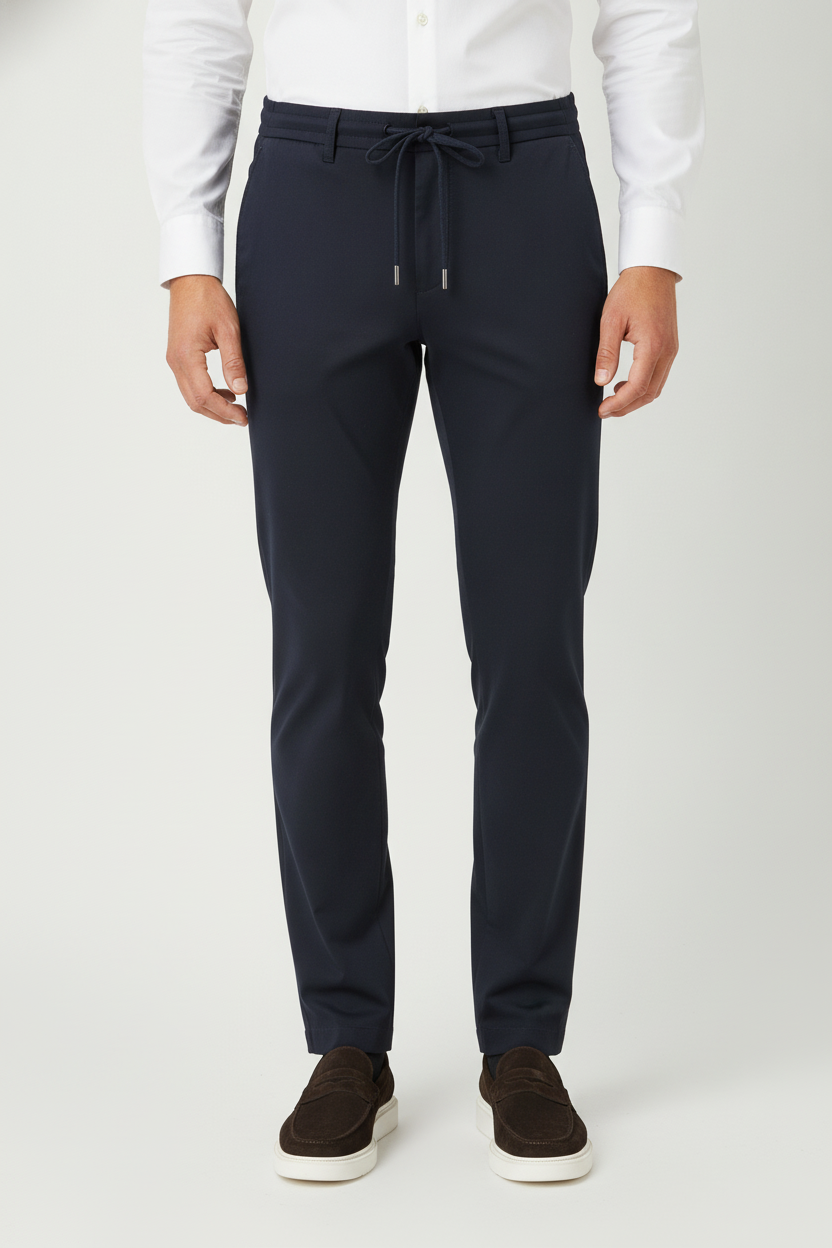 Chino Broek Mid Navy "Carson" - Flexx, model vooraanzicht De Heerenkamer Utrecht