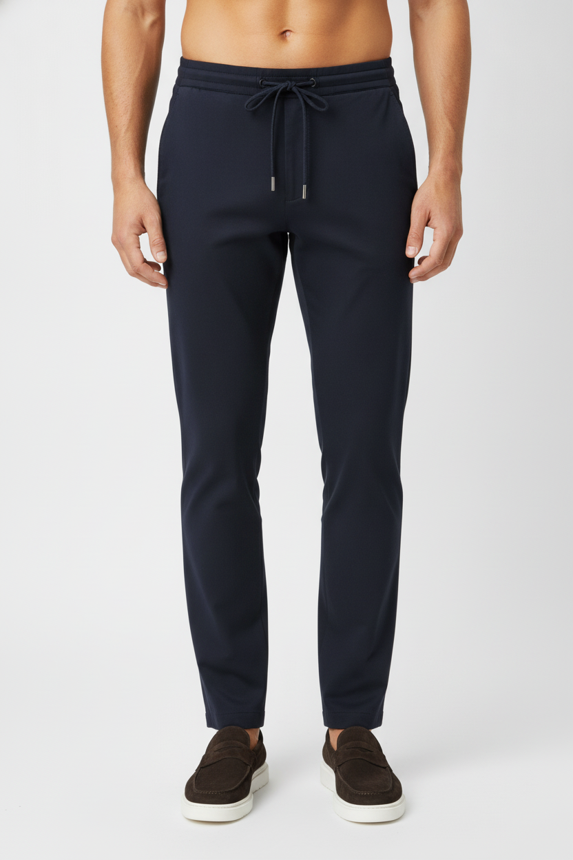 Chino Broek Mid Navy "Carson" - Flexx, model achteraanzicht De Heerenkamer Utrecht