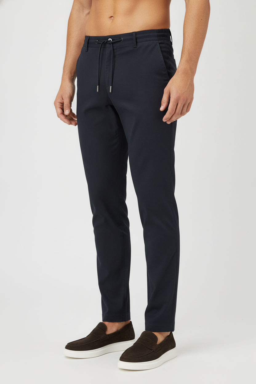 Chino Broek Mid Navy "Carson" - Flexx, model driekwart aanzicht De Heerenkamer Utrecht