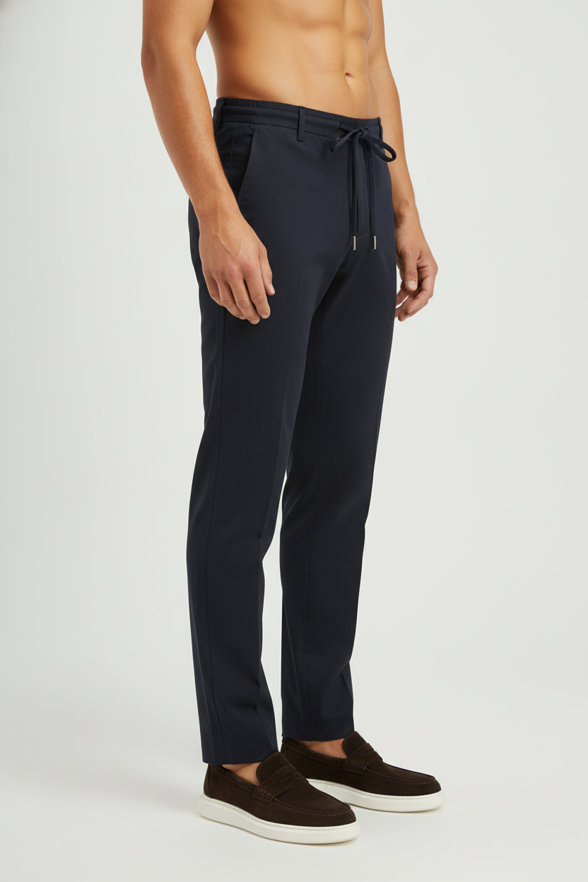 Chino Broek Mid Navy "Carson" - Flexx, model zijaanzicht De Heerenkamer Utrecht
