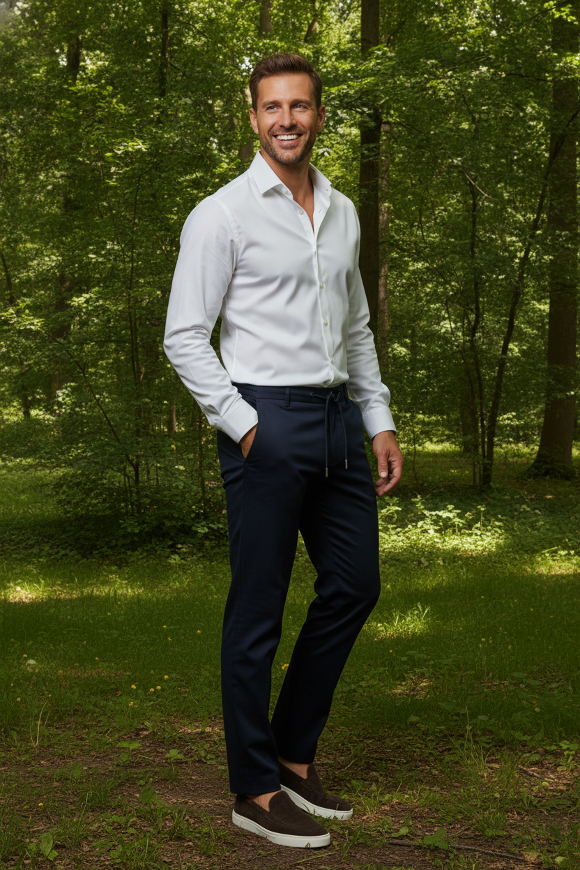 Chino Broek Mid Navy "Carson" - Flexx, model buiten in de natuur De Heerenkamer Utrecht