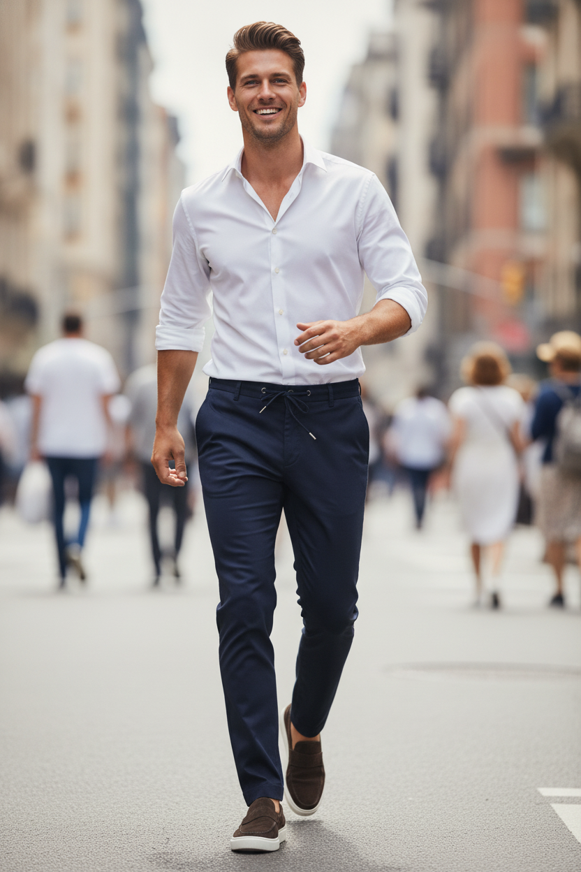 Chino Broek Mid Navy "Carson" - Flexx, model op straat De Heerenkamer Utrecht
